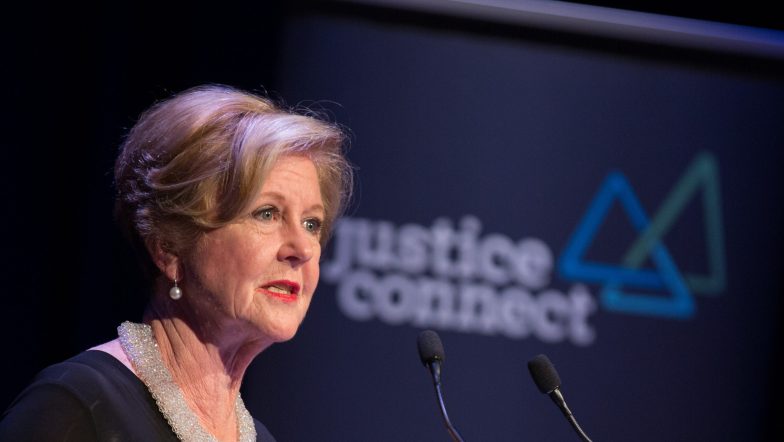Photograph of Gillian Triggs, Chair of Justice Connect, giving a speech.