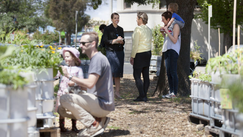 Image of a lawyer talking to a community group in a garden