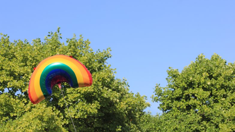 A rainbow balloon floating above some trees.