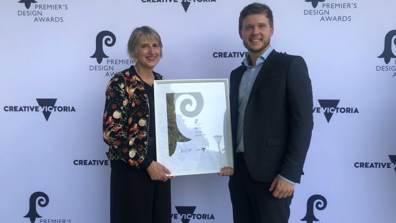 Tom and Sue collecting the Premier's Design Award