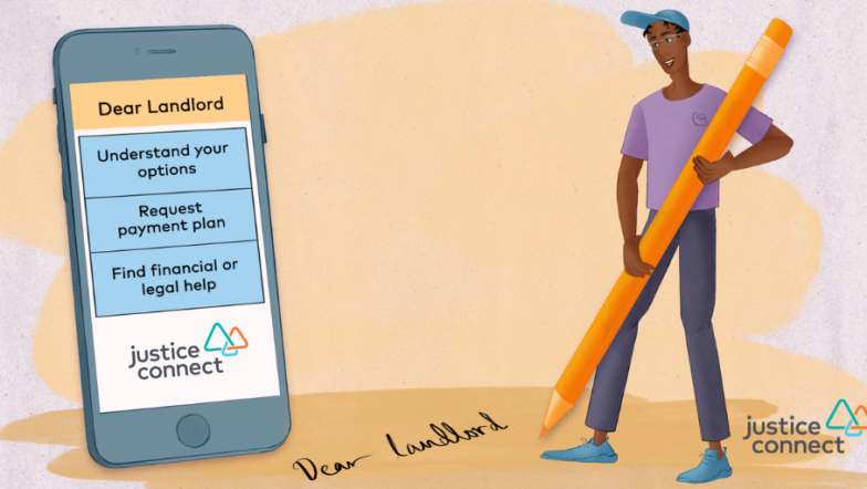 Illustration of a young man using Dear Landlord on his phone.