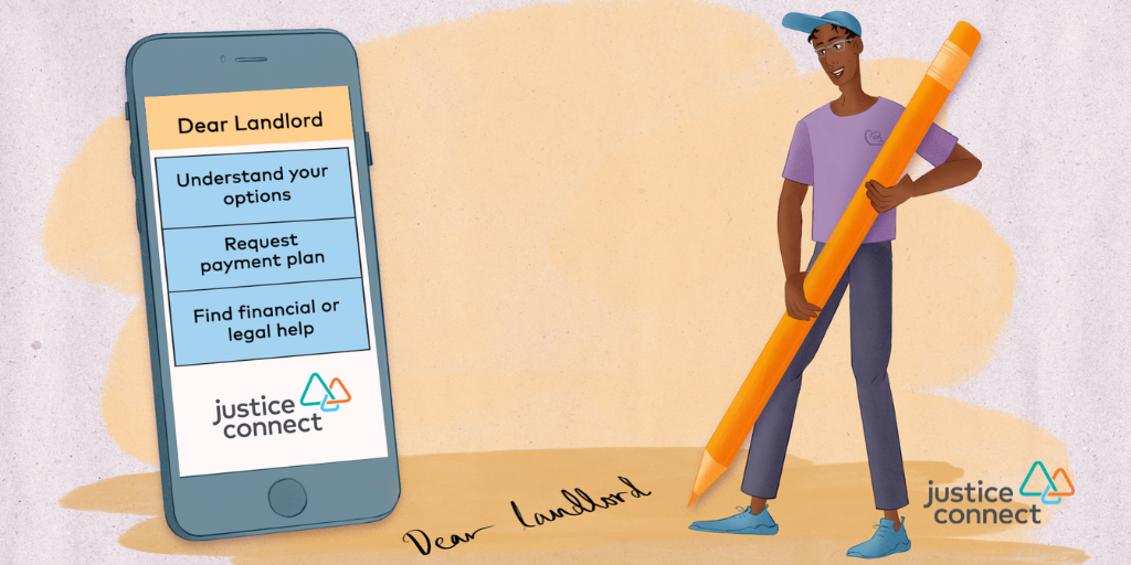 Illustration of a young man using Dear Landlord on his phone.