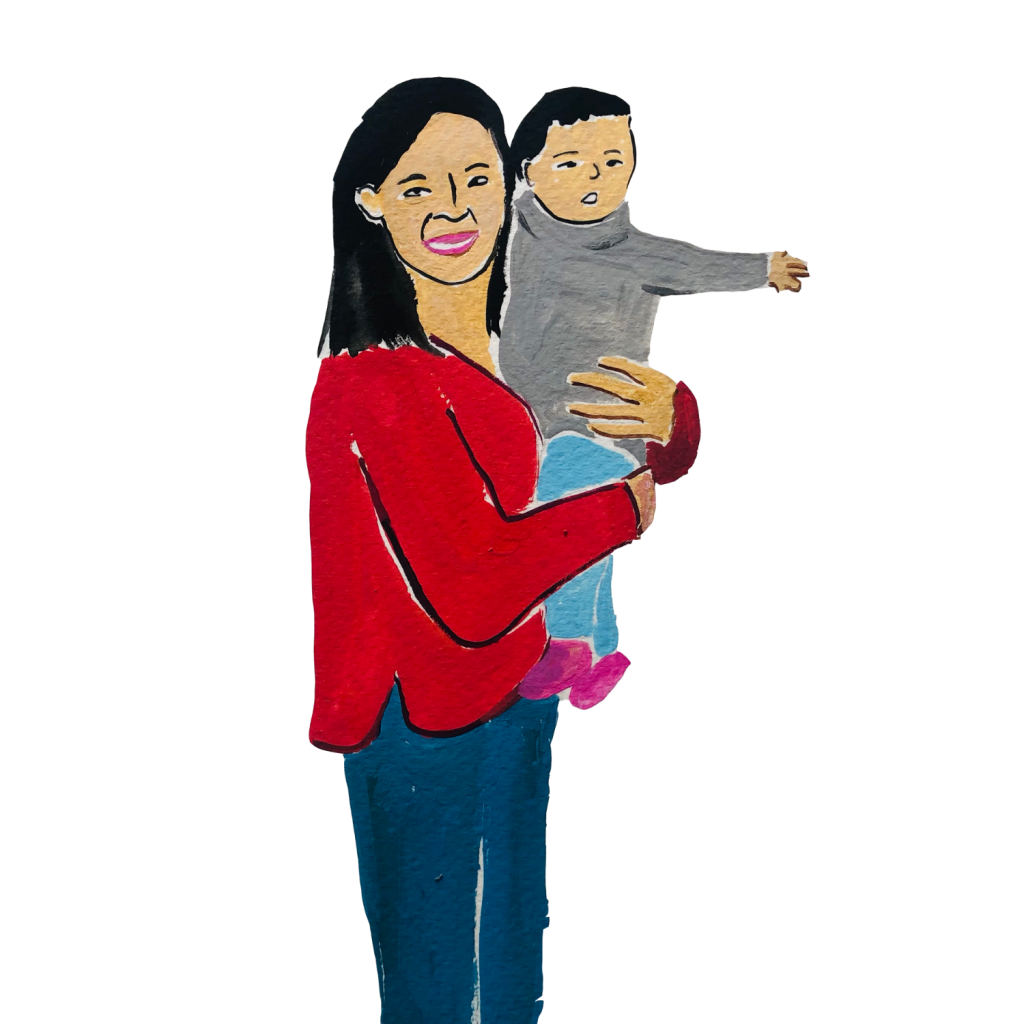 Illustration of a mother smiling and holding her child