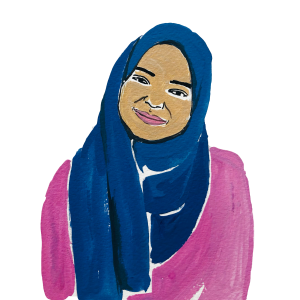 Illustration of a woman of colour smiling hearing a hijab