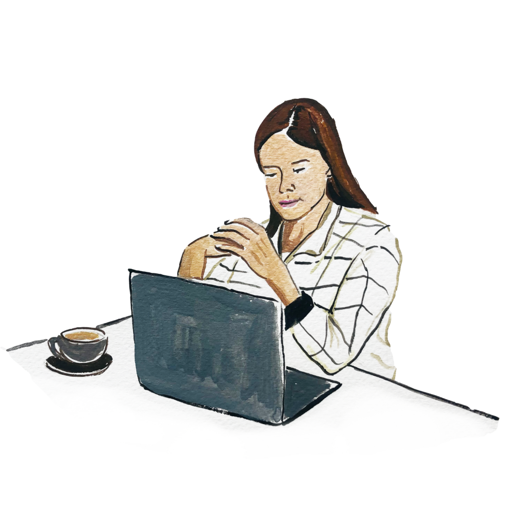 Illustration of a woman watching her laptop screen with a cup of coffee