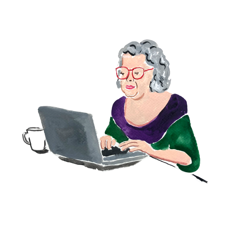 Illustration of older woman using her laptop