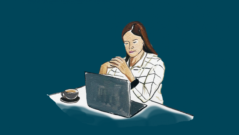 Illustration of young woman using Justice Connect's NSW Constitution Tool