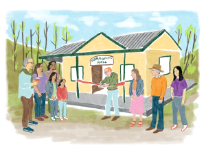 Illustration of ribbon cutting ceremony outside community hall