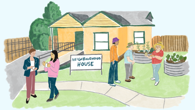 Illustration of people gathering in front of Neighbourhood House