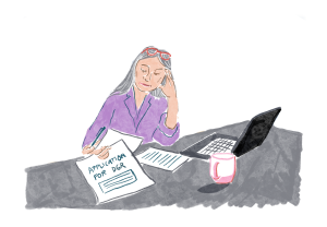Illustration of woman looking stressed filling out application form