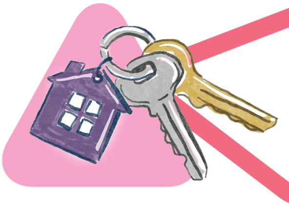 Hand-drawn illustration of two keys on a keyring with a purple house-shaped keychain, symbolising housing or renting.
